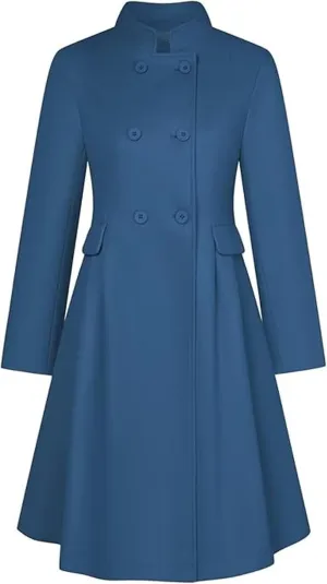 SEMATOMALA Women's Winter Wool Blend Swing Dress Coat Stand Collar Double Breasted Trench Coat A Line Pea Coat