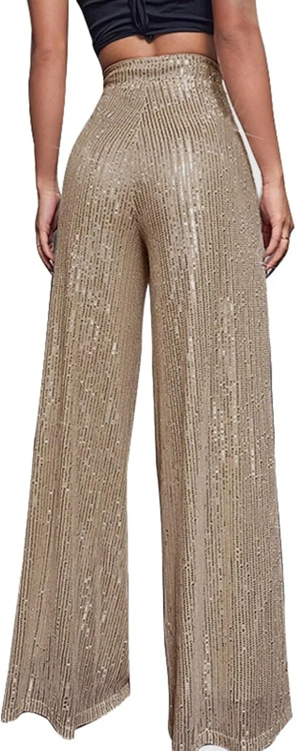 Sequin Pants Women Fashion High Waist Flowy Pants Sparkly Wide Leg Trousers Elastic Loose Side Zipper Shiny Pants