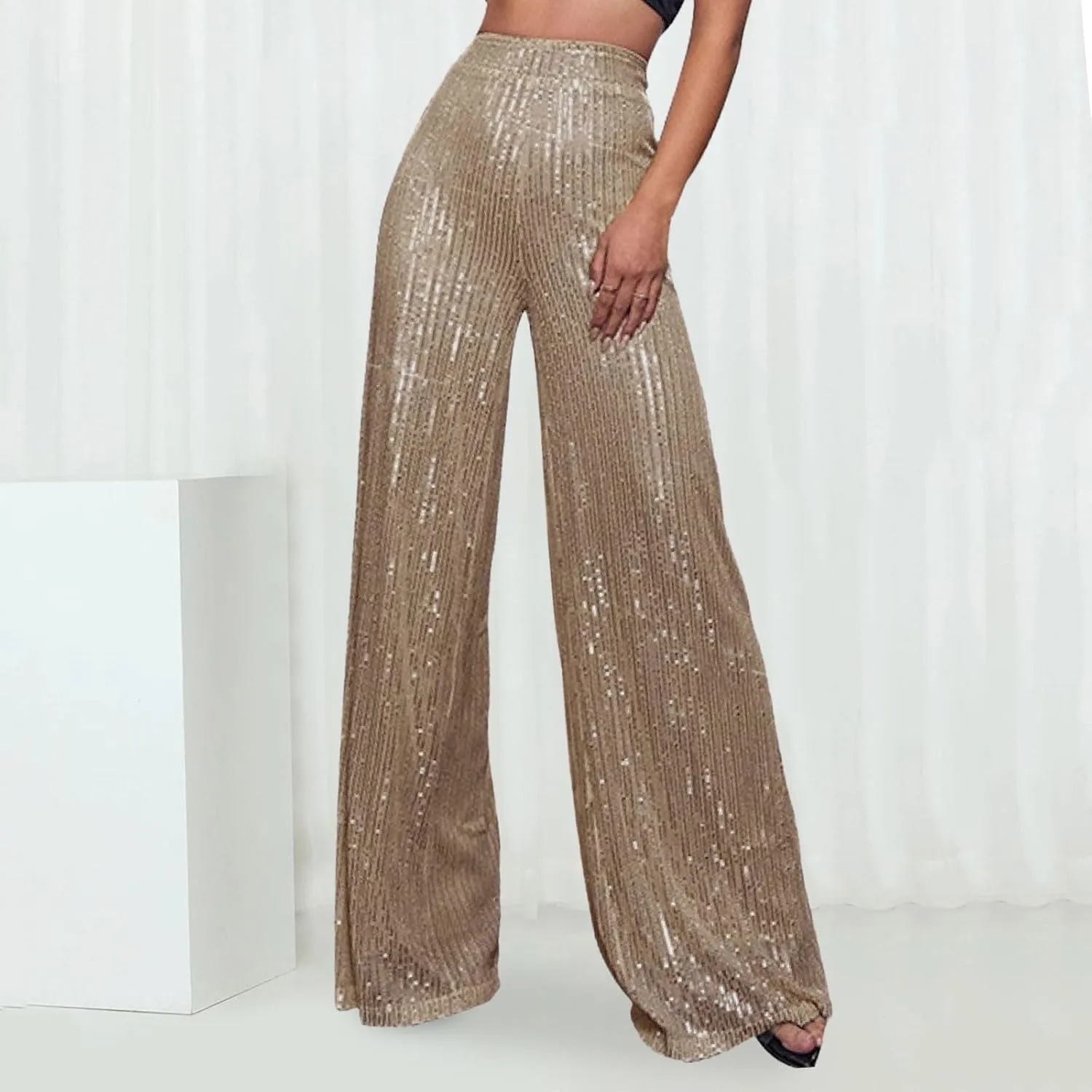 Sequin Pants Women Fashion High Waist Flowy Pants Sparkly Wide Leg Trousers Elastic Loose Side Zipper Shiny Pants