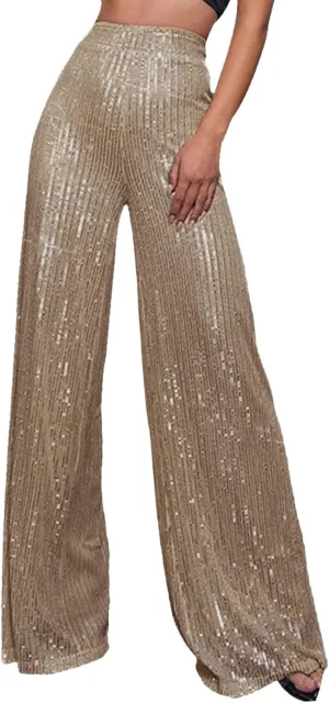 Sequin Pants Women Fashion High Waist Flowy Pants Sparkly Wide Leg Trousers Elastic Loose Side Zipper Shiny Pants