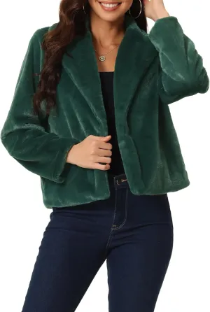 Seta T Women's Cropped Faux Fur Coat Fashion Winter Open Front Jacket Notch Lapel Long Sleeve Fluffy Coat