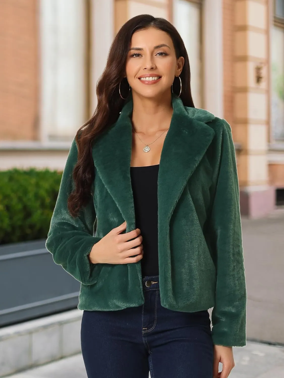 Seta T Women's Cropped Faux Fur Coat Fashion Winter Open Front Jacket Notch Lapel Long Sleeve Fluffy Coat