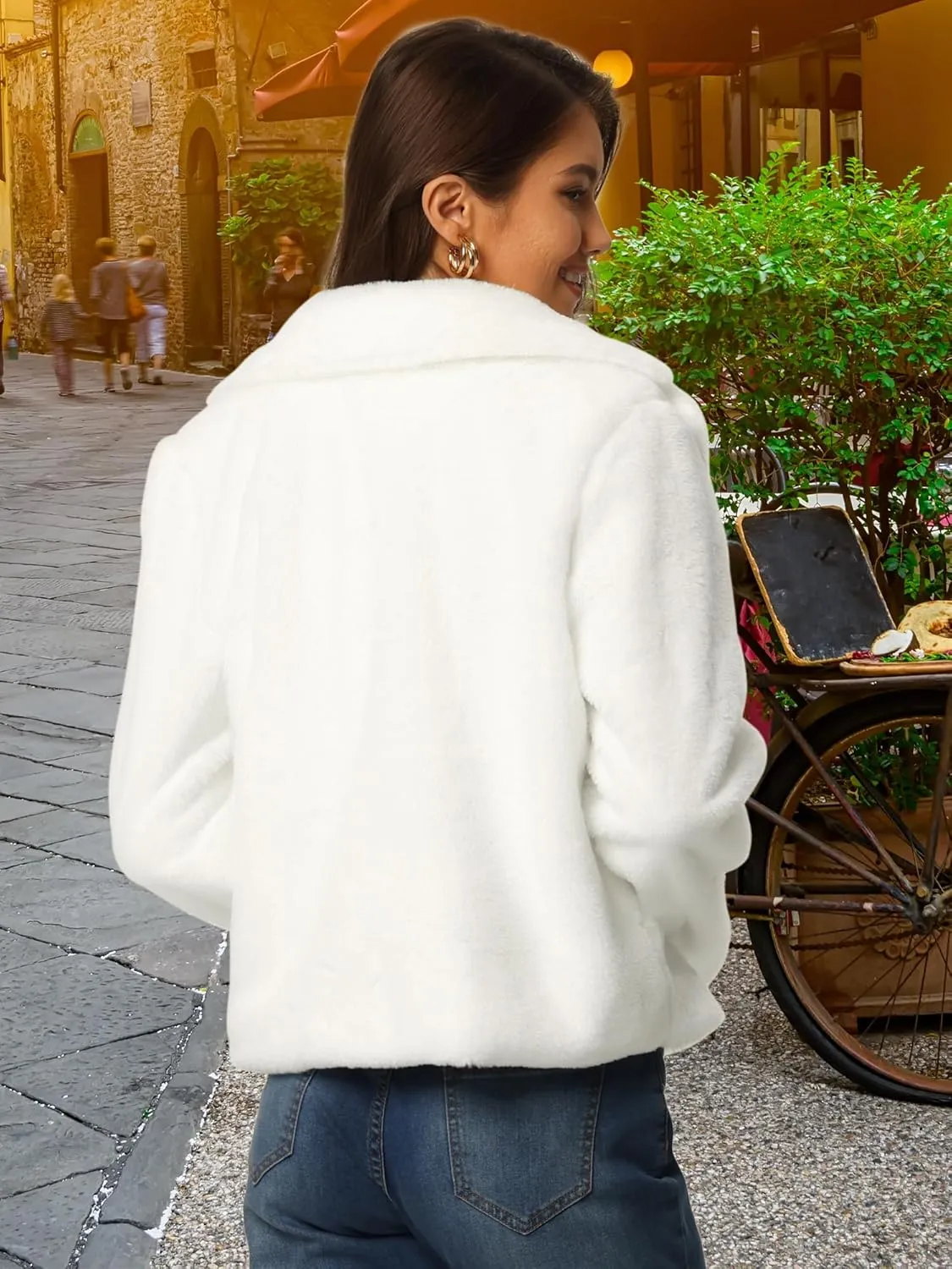Seta T Women's Cropped Faux Fur Coat Fashion Winter Open Front Jacket Notch Lapel Long Sleeve Fluffy Coat