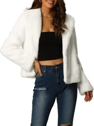 Seta T Women's Cropped Faux Fur Coat Fashion Winter Open Front Jacket Notch Lapel Long Sleeve Fluffy Coat