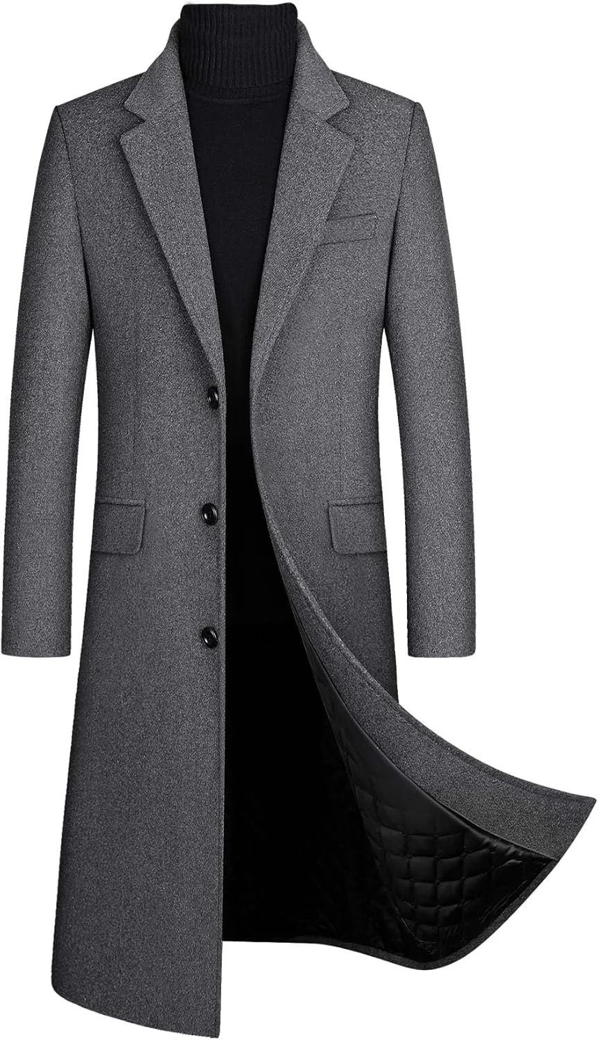 Sexyshine Men's Winter Fall Wool Blend Trench Coat Pea Coat Lapel Collar Single Breasted Lined Warm Jacket Long Overcoat