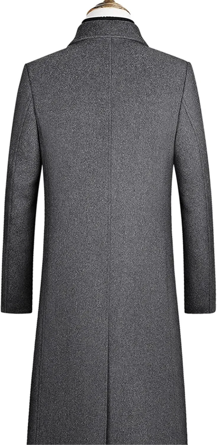 Sexyshine Men's Winter Fall Wool Blend Trench Coat Pea Coat Lapel Collar Single Breasted Lined Warm Jacket Long Overcoat