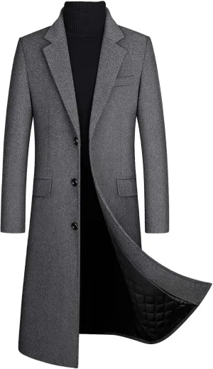 Sexyshine Men's Winter Fall Wool Blend Trench Coat Pea Coat Lapel Collar Single Breasted Lined Warm Jacket Long Overcoat