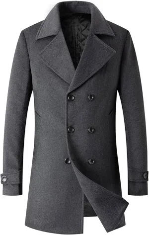 Sexyshine Mens Woolen Blend Trench Coat Pea Coat Double Breasted Notched Lapel Regular Fit Winter Business Overcoat