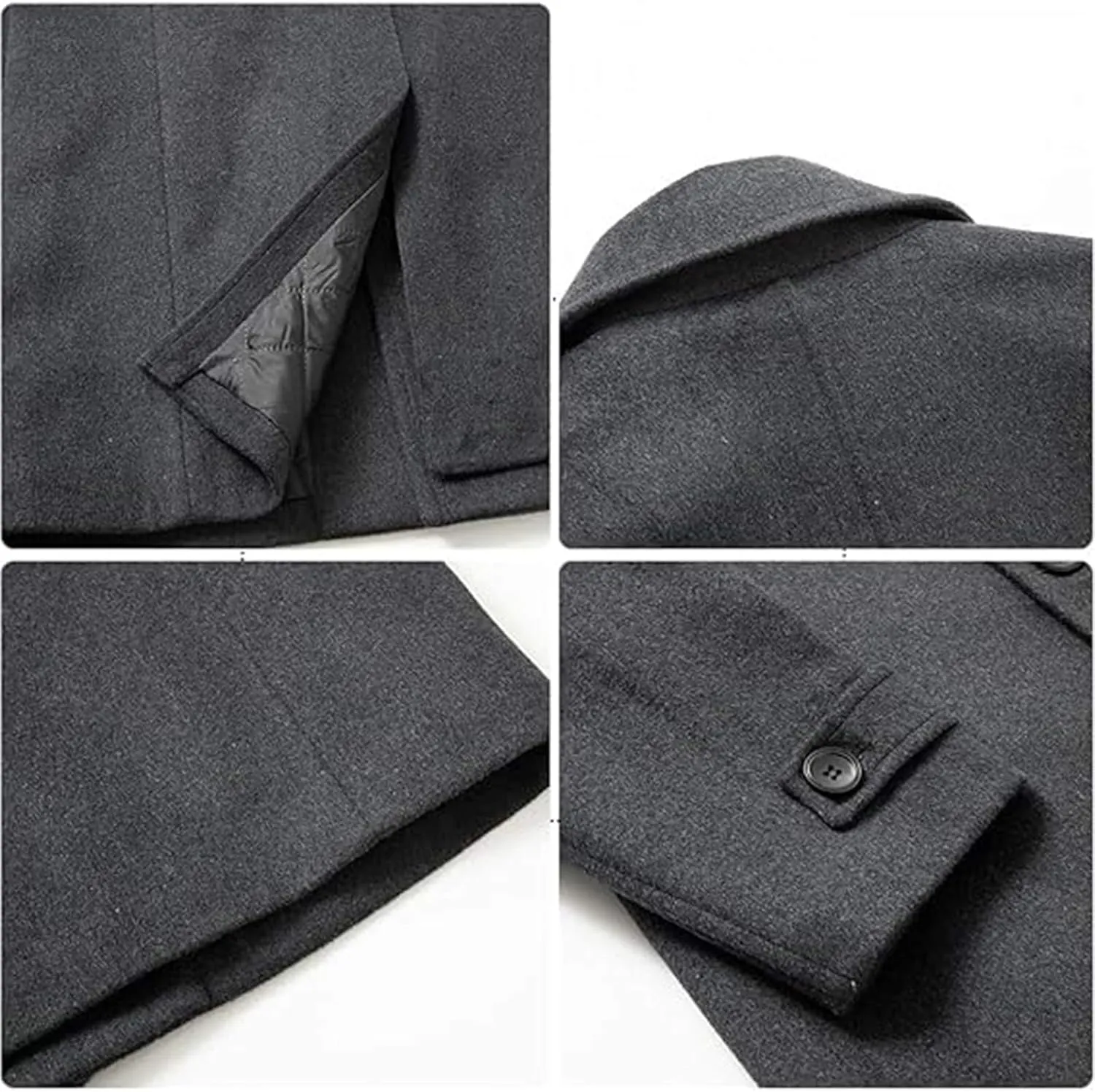 Sexyshine Mens Woolen Blend Trench Coat Pea Coat Double Breasted Notched Lapel Regular Fit Winter Business Overcoat