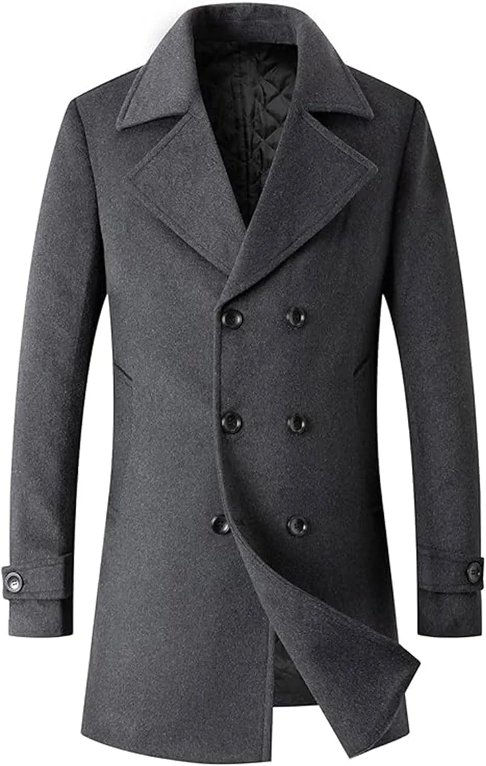 Sexyshine Mens Woolen Blend Trench Coat Pea Coat Double Breasted Notched Lapel Regular Fit Winter Business Overcoat