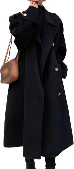 Sexyshine Women's Winter Double Breasted Long Pea Coat Notch Lapel Long Sleeve Wool Blend Trench Coat Overcoat