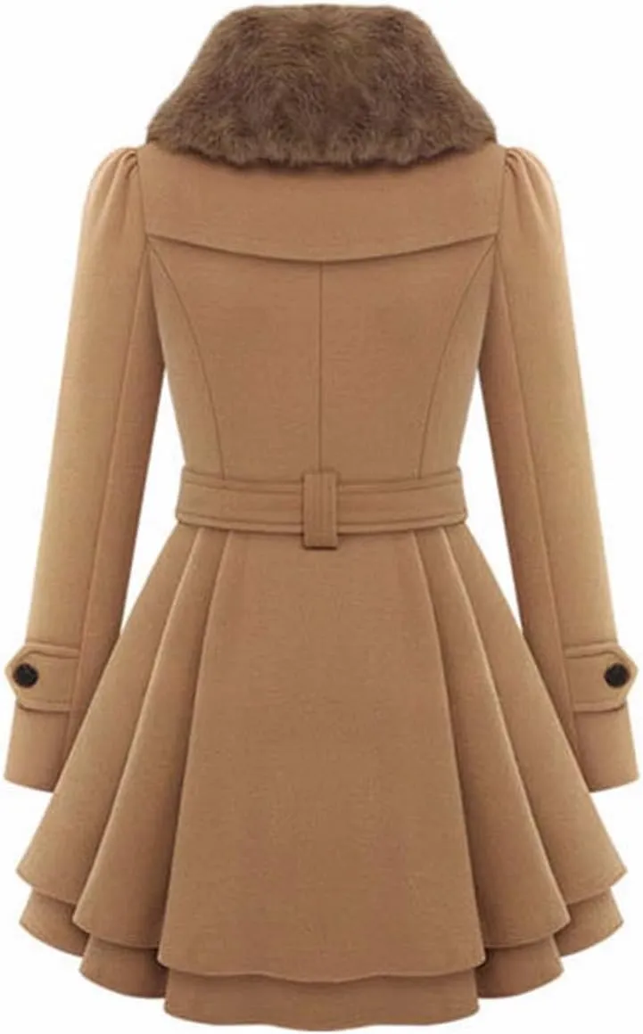 Sexyshine Women's Winter Faux Fur Lapel Double-Breasted Trench Coat A-Line Thick Slim Flared Wool Blend Pea Coat Jacket
