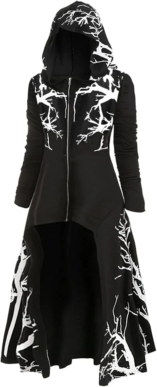 SHOPESSA Halloween Costumes for Women Gothic Dark Clothes High Low Cloak Long Sleeve Renaissance Medieval Hooded Pullover