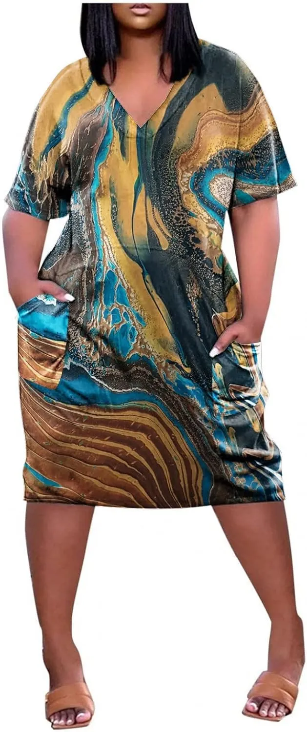 Short Sleeve Shirt Women 2024 Summer Casual T Shirt Plus Size V Neck Dress with Pocket Fashion Printed Pullover