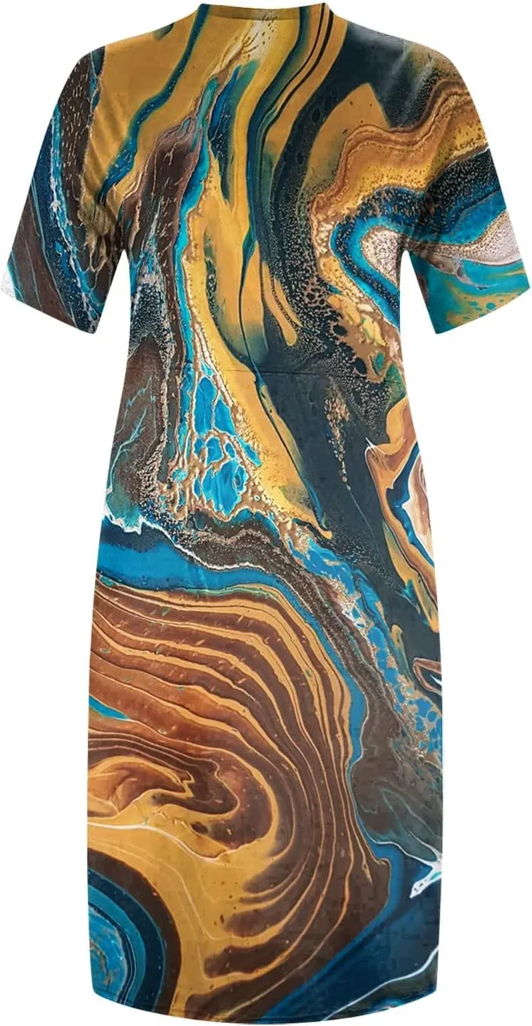 Short Sleeve Shirt Women 2024 Summer Casual T Shirt Plus Size V Neck Dress with Pocket Fashion Printed Pullover