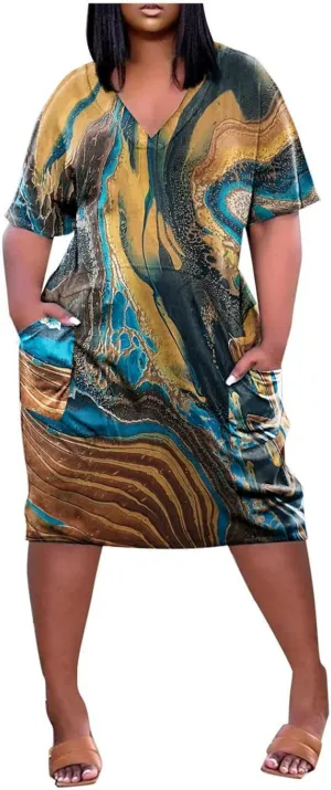 Short Sleeve Shirt Women 2024 Summer Casual T Shirt Plus Size V Neck Dress with Pocket Fashion Printed Pullover