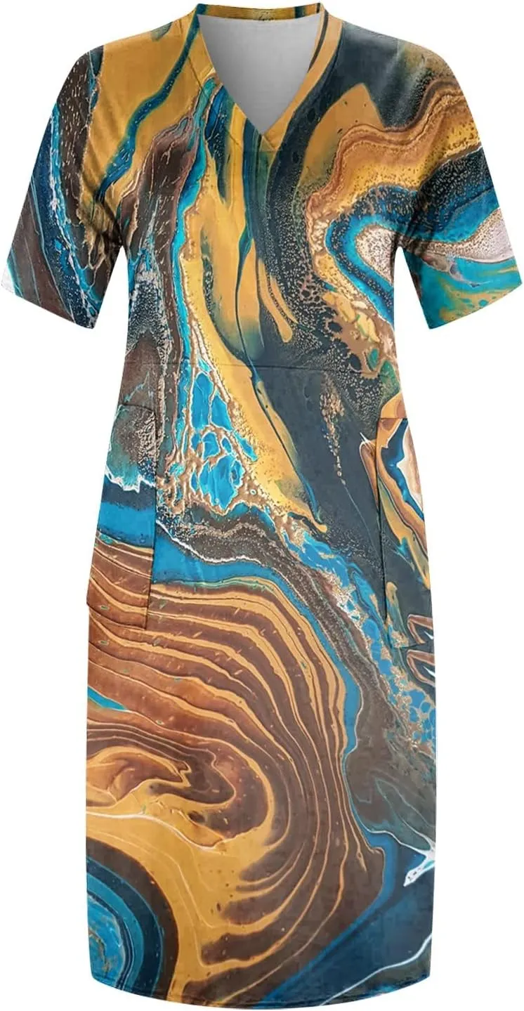 Short Sleeve Shirt Women 2024 Summer Casual T Shirt Plus Size V Neck Dress with Pocket Fashion Printed Pullover