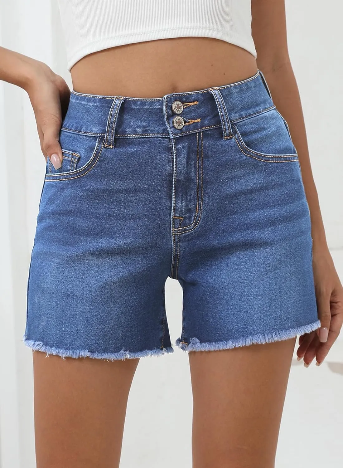Sidefeel Women's Jean Shorts High Waisted Casual Stretchy Raw Hem Zimbaplatinum Jeans Summer Denim Shorts with Pockets