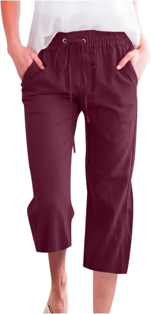 SMIDOW Capri Pants for Women Casual 2025 Summer Drawstring Elastic High Waist Linen Pant Straight Wide Leg Cropped Trouser