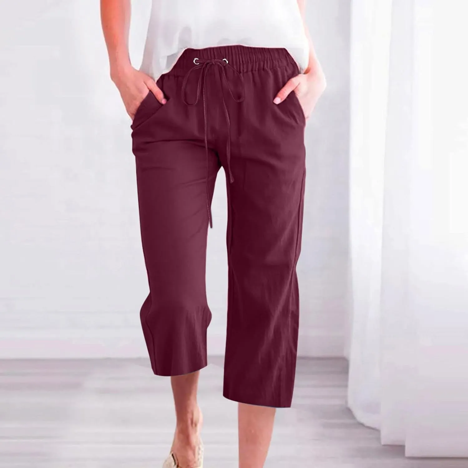 SMIDOW Capri Pants for Women Casual 2025 Summer Drawstring Elastic High Waist Linen Pant Straight Wide Leg Cropped Trouser