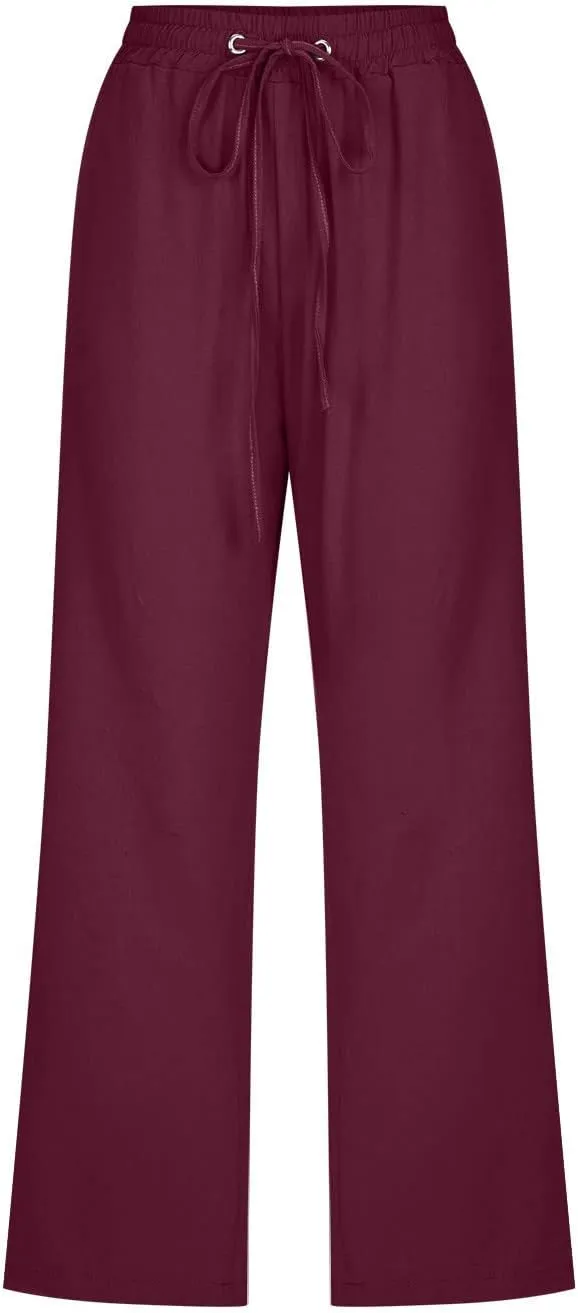 SMIDOW Capri Pants for Women Casual 2025 Summer Drawstring Elastic High Waist Linen Pant Straight Wide Leg Cropped Trouser