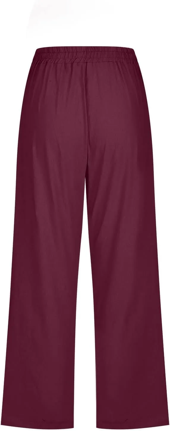 SMIDOW Capri Pants for Women Casual 2025 Summer Drawstring Elastic High Waist Linen Pant Straight Wide Leg Cropped Trouser