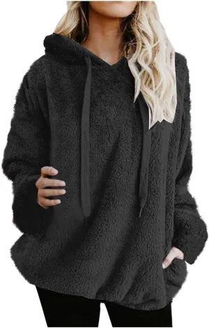 Solid Plush Hoodies for Women Drawstring Round Neck Fleece Pullover Sweatshirts 2025 Winter Oversized Hooded Tops