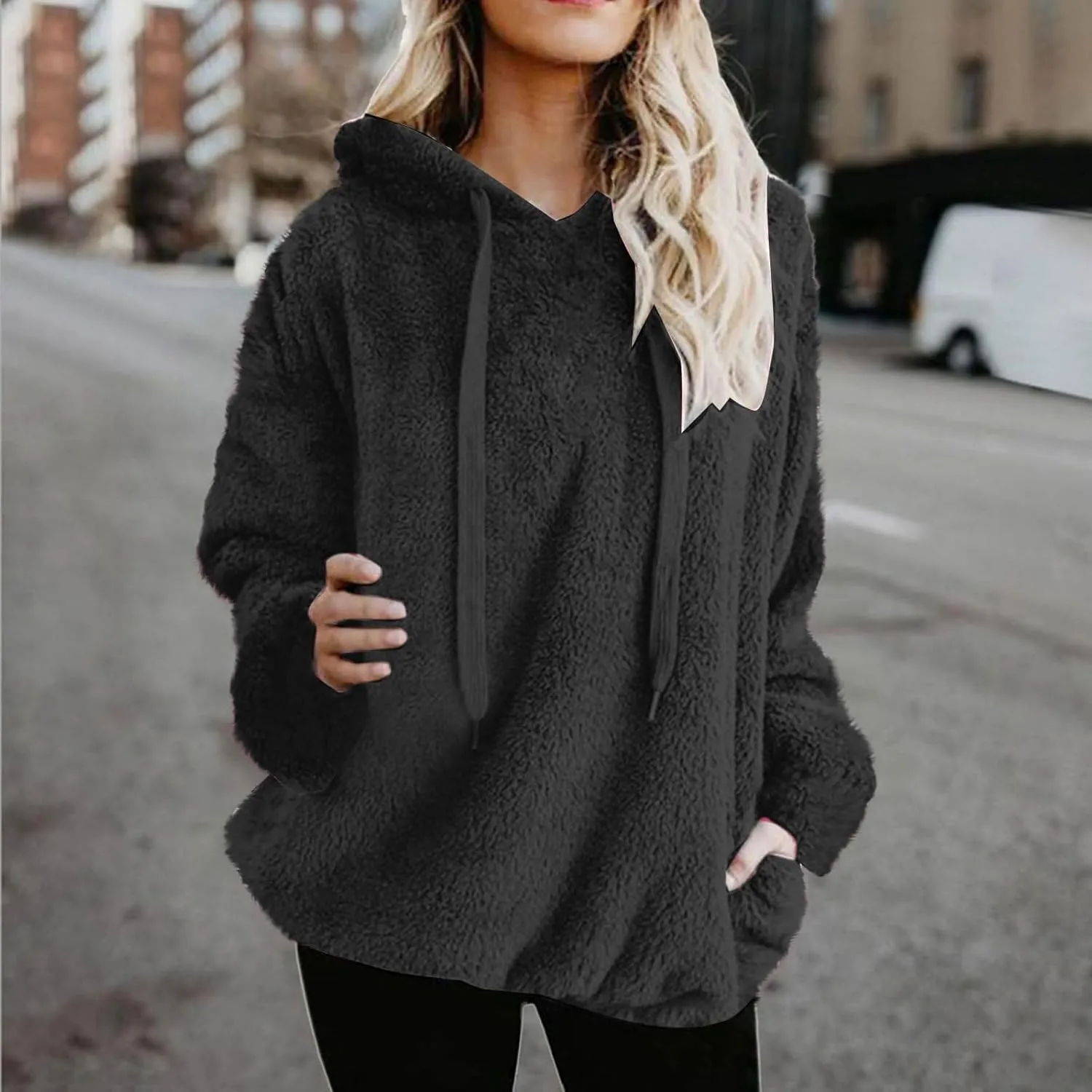 Solid Plush Hoodies for Women Drawstring Round Neck Fleece Pullover Sweatshirts 2025 Winter Oversized Hooded Tops