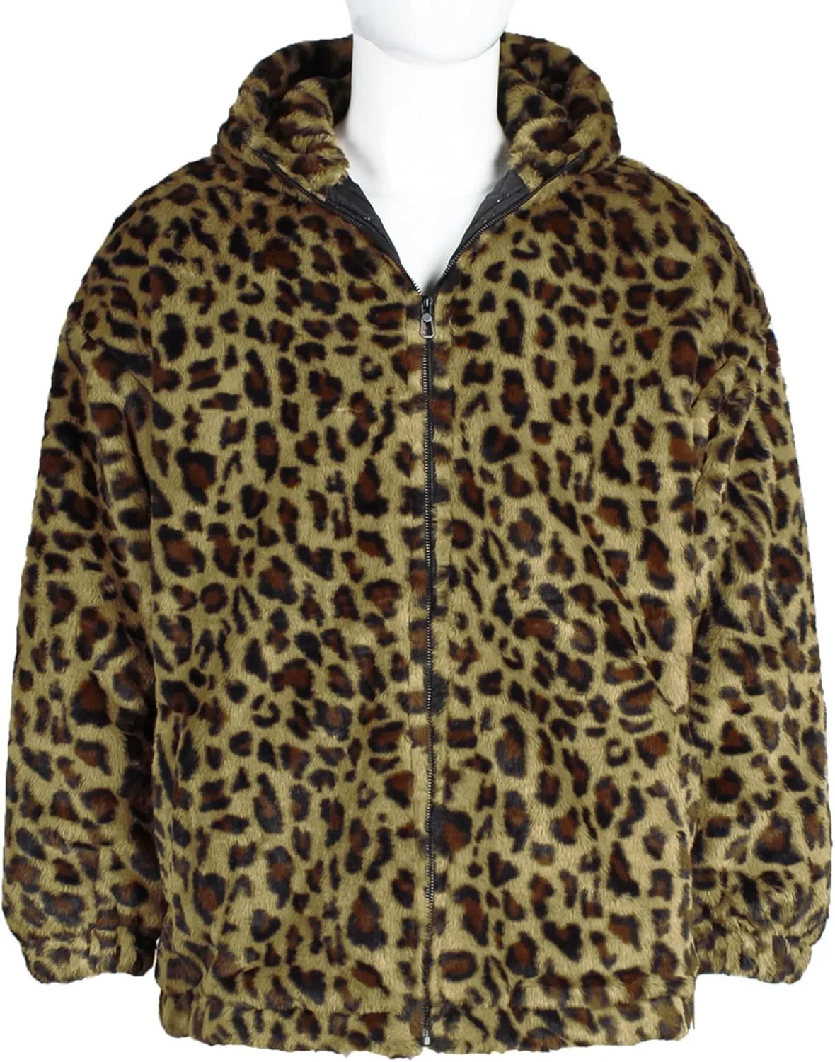 SOMTHRON Men's Faux Fur Leopard Hooded Jacket Shaggy Coat Zip Up Winter Warm Fluffy Furry Parka Overcoat