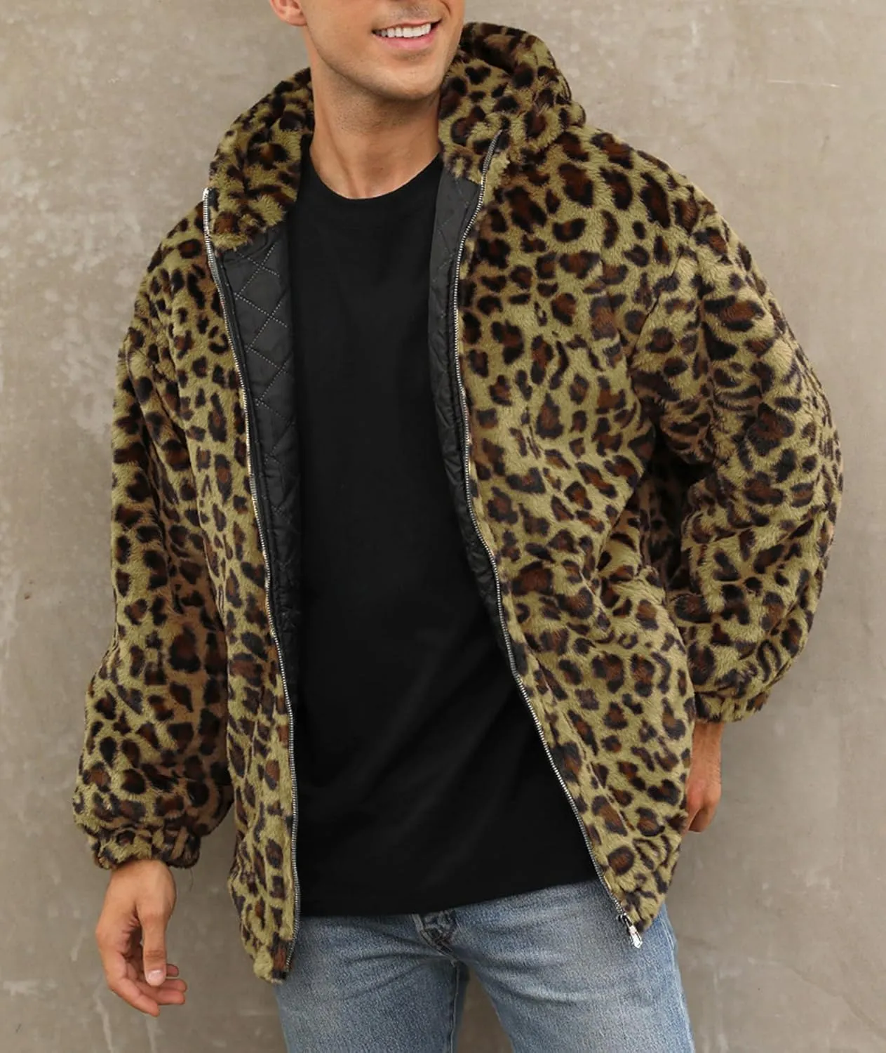SOMTHRON Men's Faux Fur Leopard Hooded Jacket Shaggy Coat Zip Up Winter Warm Fluffy Furry Parka Overcoat