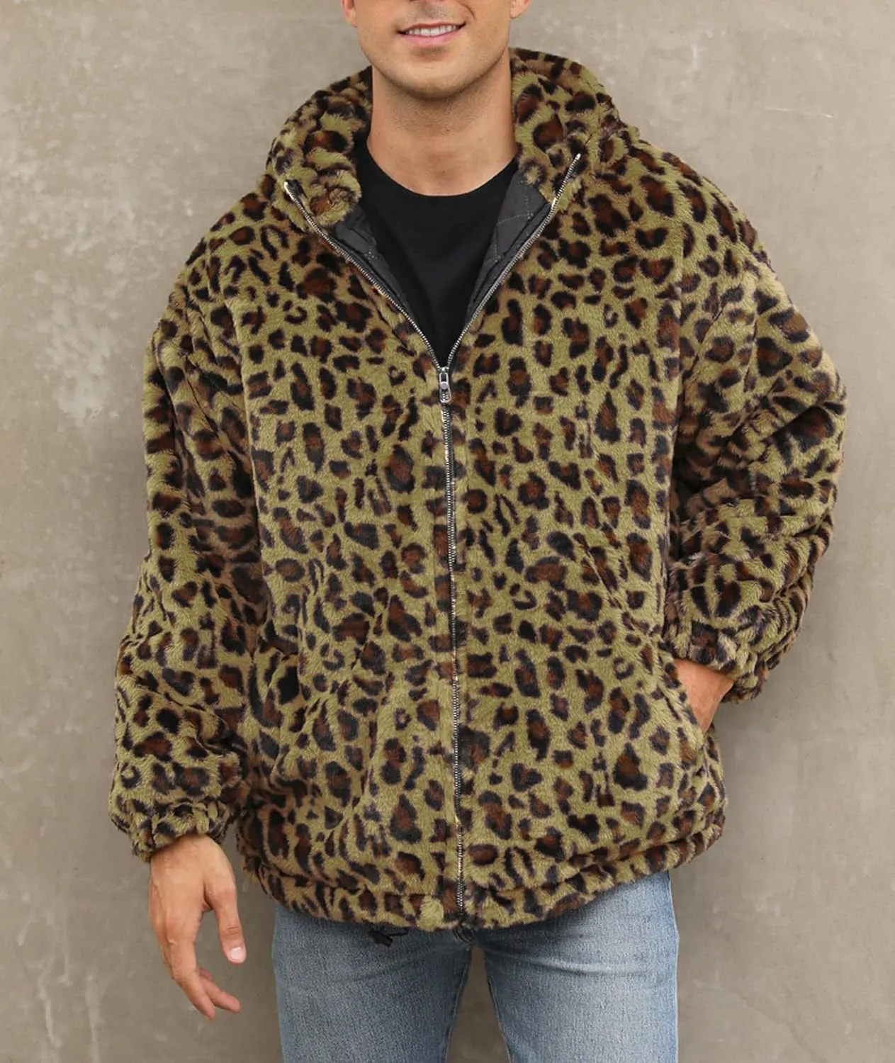 SOMTHRON Men's Faux Fur Leopard Hooded Jacket Shaggy Coat Zip Up Winter Warm Fluffy Furry Parka Overcoat
