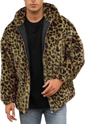 SOMTHRON Men's Faux Fur Leopard Hooded Jacket Shaggy Coat Zip Up Winter Warm Fluffy Furry Parka Overcoat