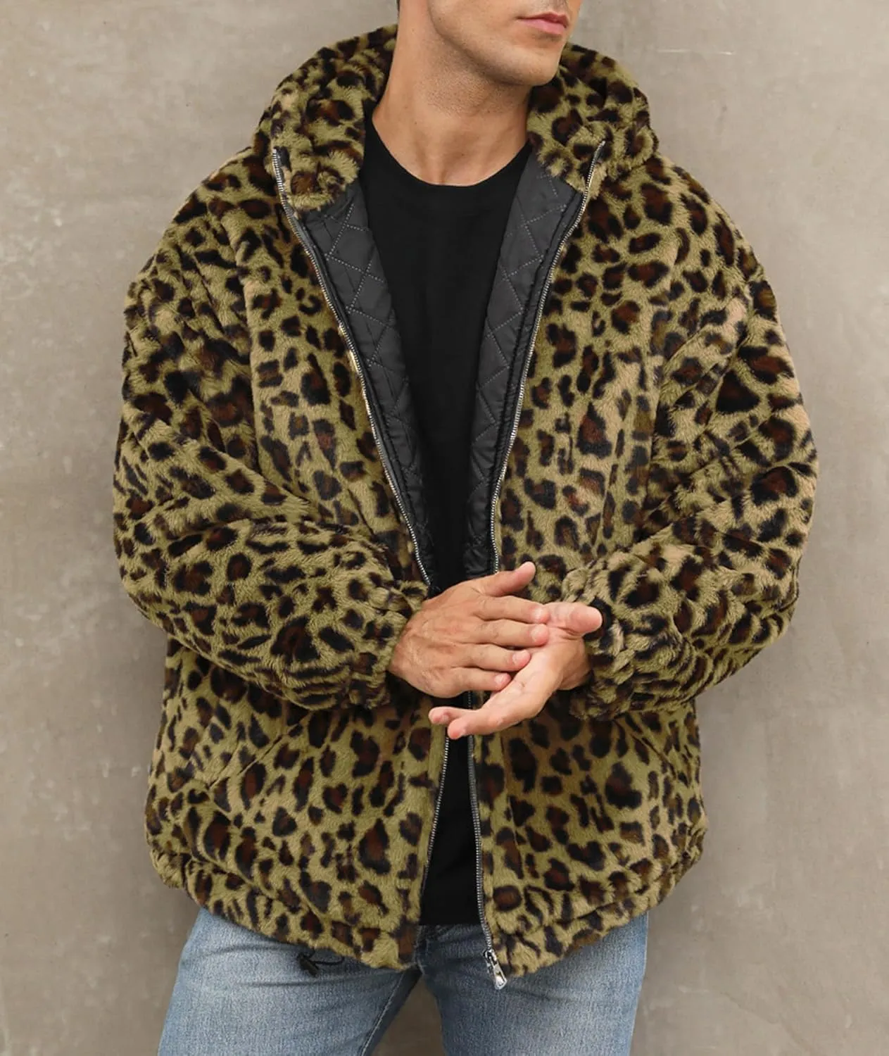 SOMTHRON Men's Faux Fur Leopard Hooded Jacket Shaggy Coat Zip Up Winter Warm Fluffy Furry Parka Overcoat