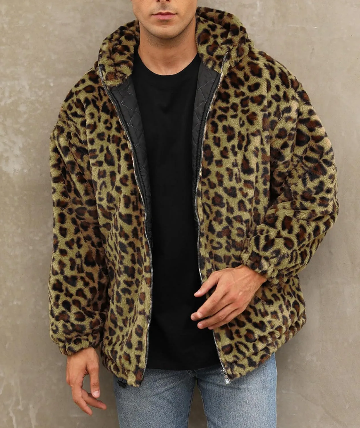 SOMTHRON Men's Faux Fur Leopard Hooded Jacket Shaggy Coat Zip Up Winter Warm Fluffy Furry Parka Overcoat