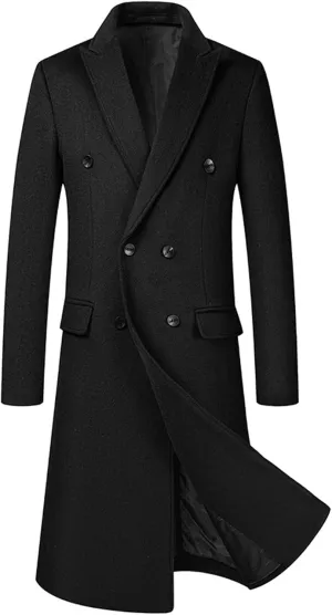 SOMTHRON Men's Wool Blend Pea Coat Notched Collar Double Breasted Overcoat Winter Warm Long Trench Coat