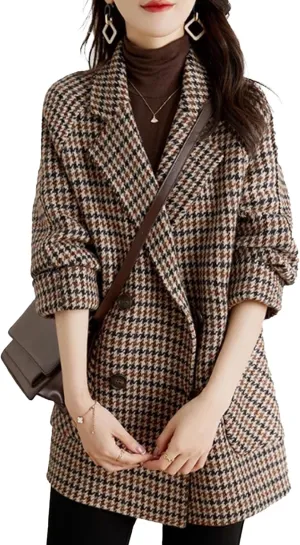 SOMTHRON Women's Houndstooth Blazer Jackets Double Breasted Notch Lapel Trench Coat Peacoat Plaid Overcoat