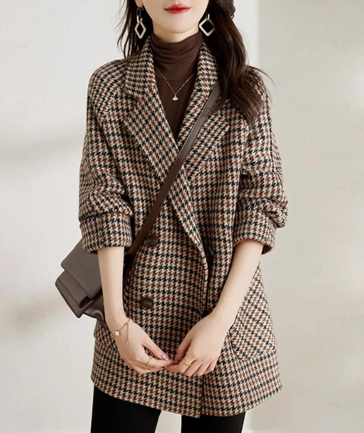 SOMTHRON Women's Houndstooth Blazer Jackets Double Breasted Notch Lapel Trench Coat Peacoat Plaid Overcoat