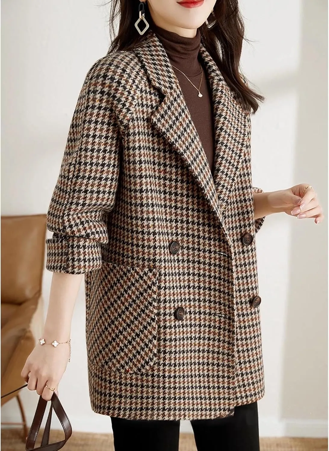 SOMTHRON Women's Houndstooth Blazer Jackets Double Breasted Notch Lapel Trench Coat Peacoat Plaid Overcoat