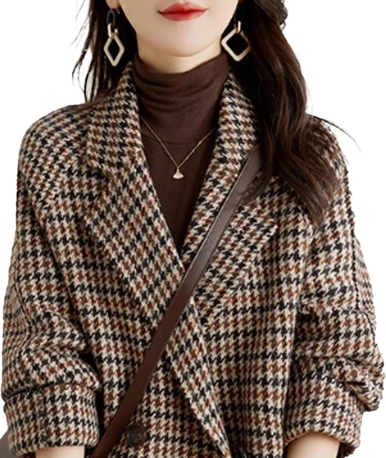 SOMTHRON Women's Houndstooth Blazer Jackets Double Breasted Notch Lapel Trench Coat Peacoat Plaid Overcoat