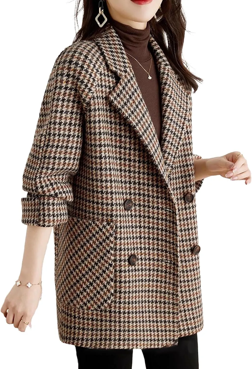 SOMTHRON Women's Houndstooth Blazer Jackets Double Breasted Notch Lapel Trench Coat Peacoat Plaid Overcoat