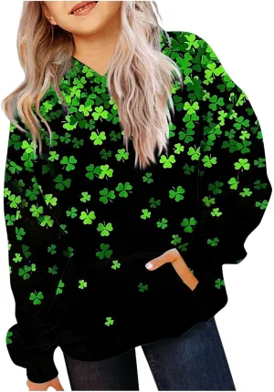 St Patrick's Day Outfit Girl Oversized Saint Pattys Hoodies Casual Shamrock Clover Print Hooded Pullover Tops