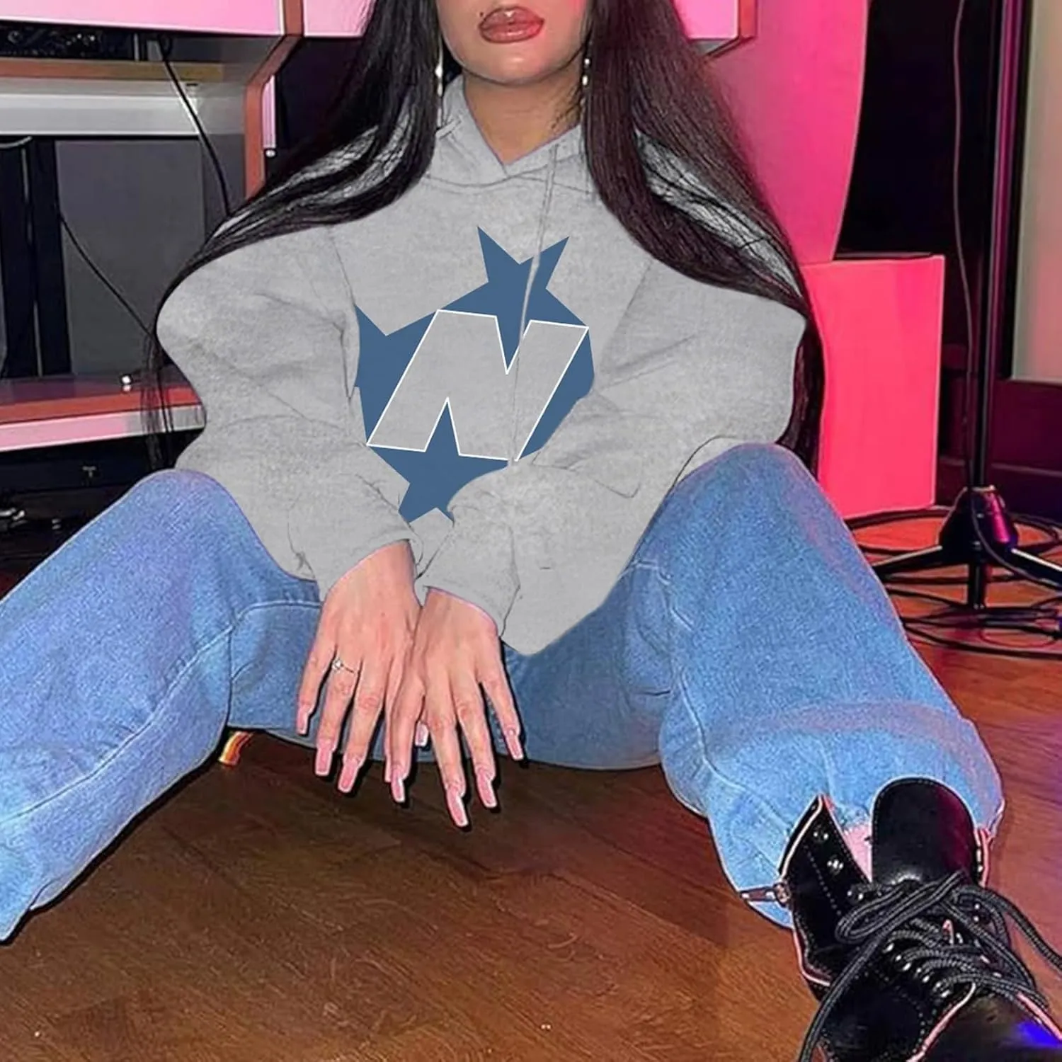 Star Graphic Hoodies For Women Vintage Aesthetic Streetwear Sweatshirt With Pockets Retro Printed Fleece Pullover