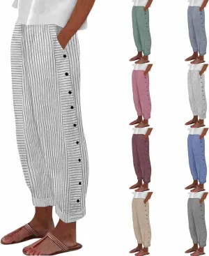 Straight Leg Linen Pants Women 2025 Trendy Side Button Striped Pants Summer Casual High Wasited Y2k Pants with Pocket