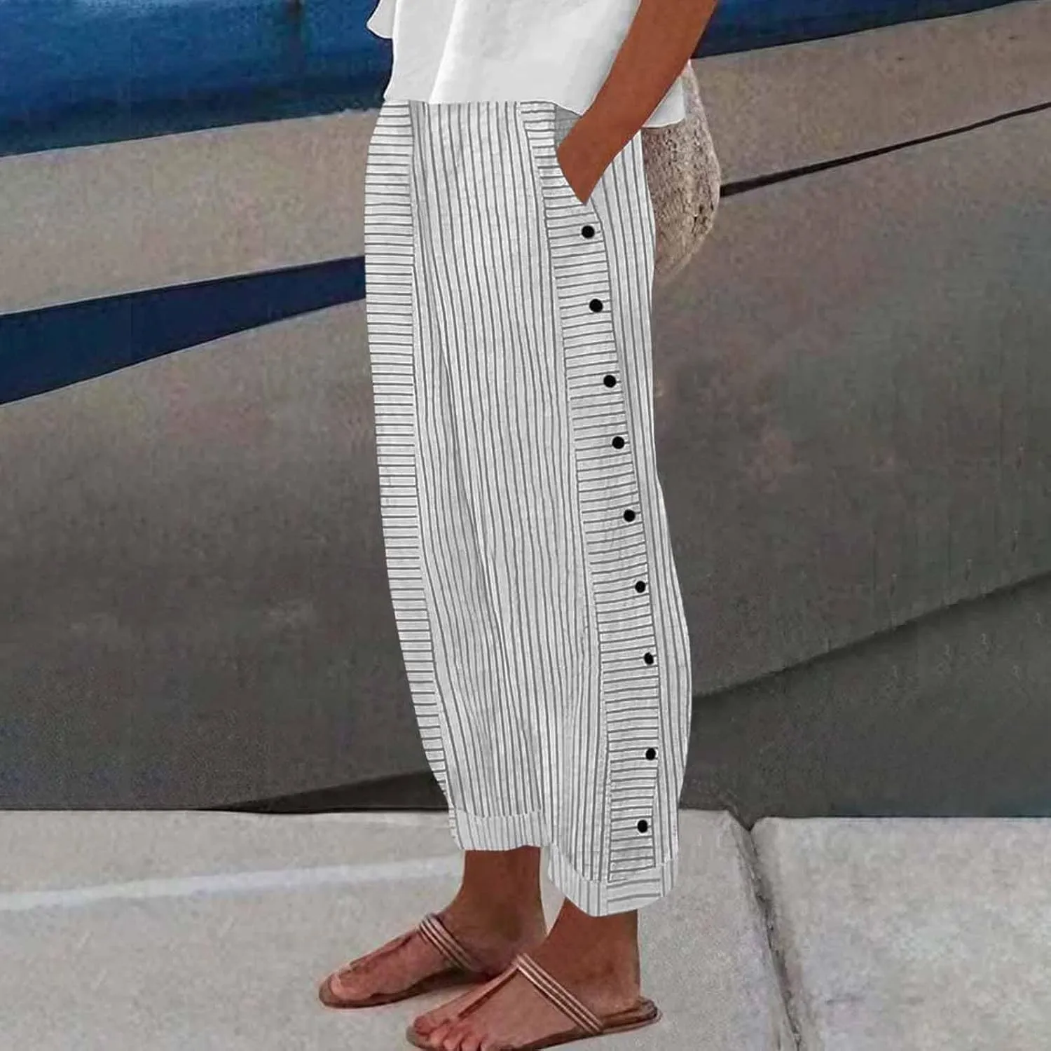 Straight Leg Linen Pants Women 2025 Trendy Side Button Striped Pants Summer Casual High Wasited Y2k Pants with Pocket