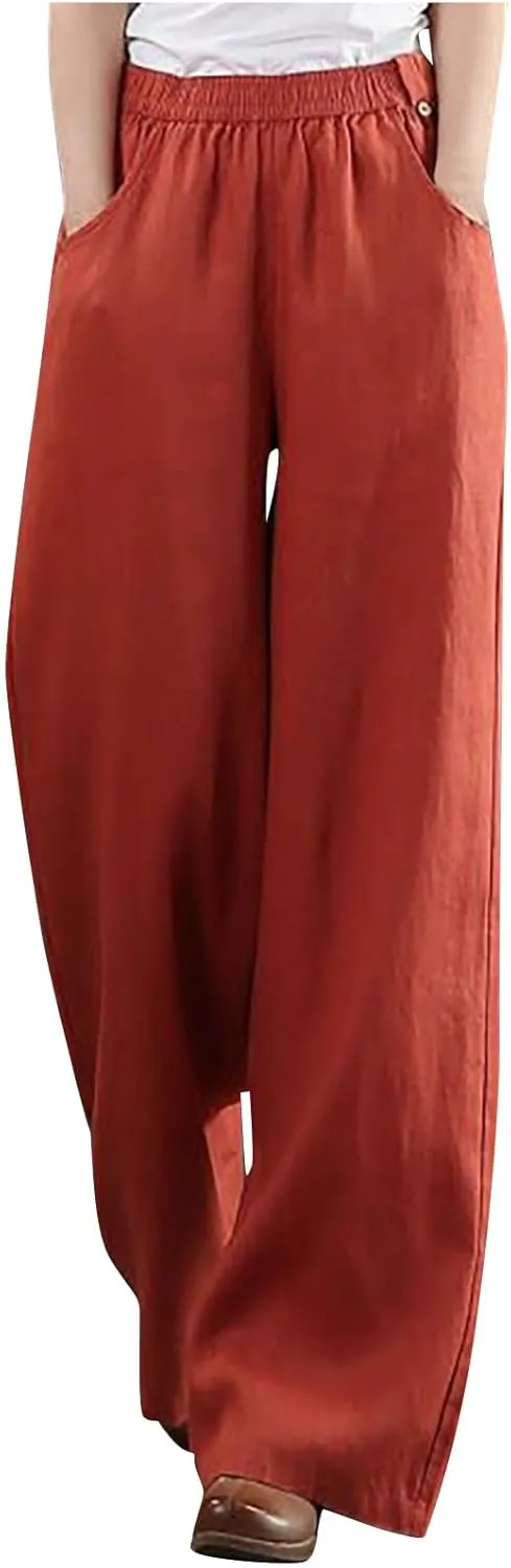 Straight Leg Pants for Women Linen Palazzo Lounge Pants Summer Slacks Loose Casual Wide Leg Trousers