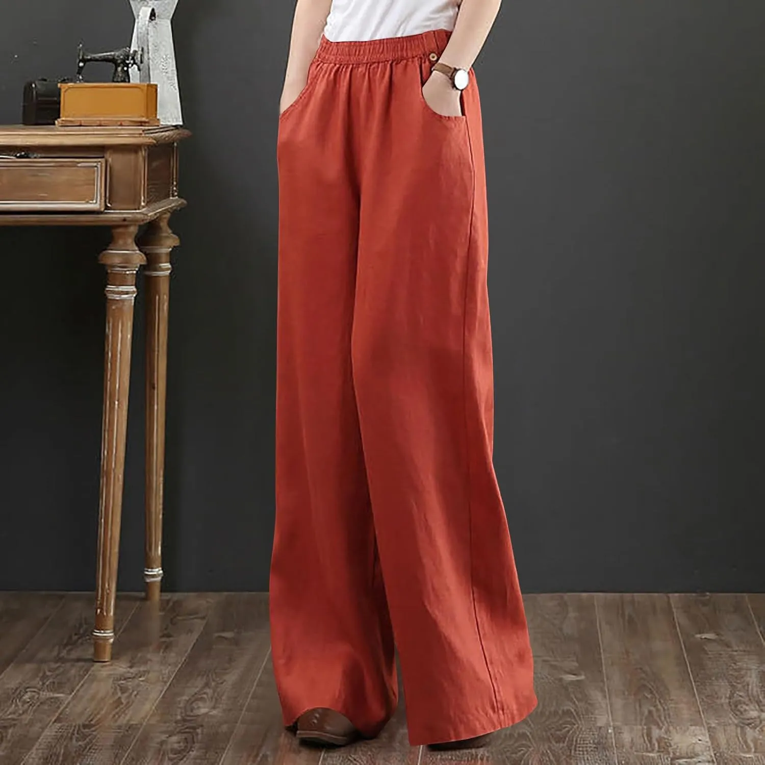 Straight Leg Pants for Women Linen Palazzo Lounge Pants Summer Slacks Loose Casual Wide Leg Trousers