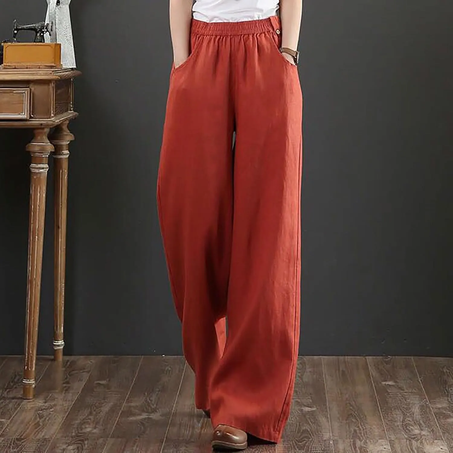Straight Leg Pants for Women Linen Palazzo Lounge Pants Summer Slacks Loose Casual Wide Leg Trousers
