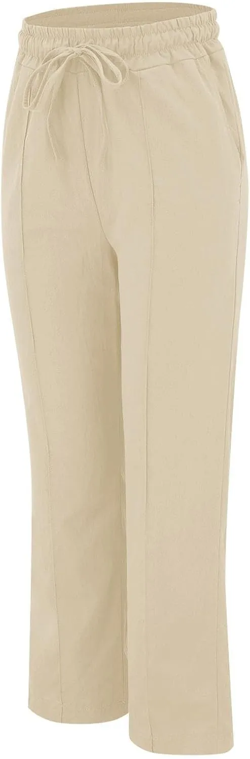 Straight Wide Leg Linen Pants for Women Elastic Drawstring High Waisted Summer Casual Pants Loose Boho Beach Trousers