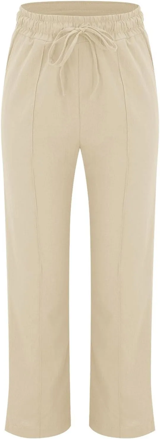 Straight Wide Leg Linen Pants for Women Elastic Drawstring High Waisted Summer Casual Pants Loose Boho Beach Trousers