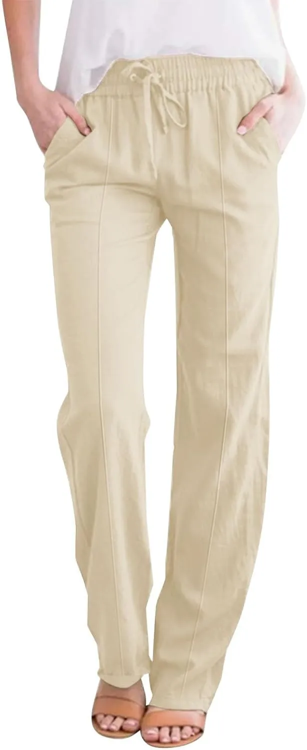 Straight Wide Leg Linen Pants for Women Elastic Drawstring High Waisted Summer Casual Pants Loose Boho Beach Trousers